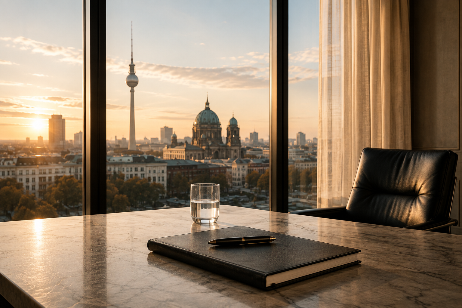 Executive-Schreibtisch mit Blick auf die Berliner Skyline im Sonnenuntergang