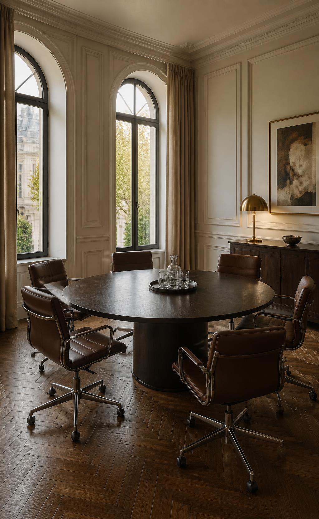 Eleganter Besprechungsraum mit Rundtisch und hohen Bogenfenstern