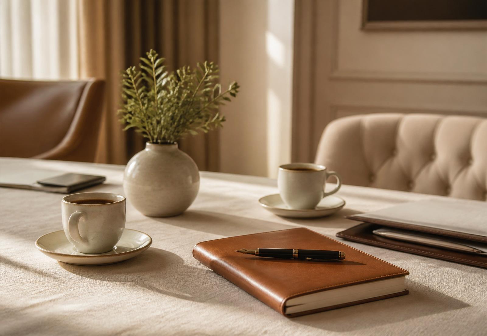 Warm beleuchteter Besprechungstisch mit Espressotassen, Leder-Notizbuch und Vase