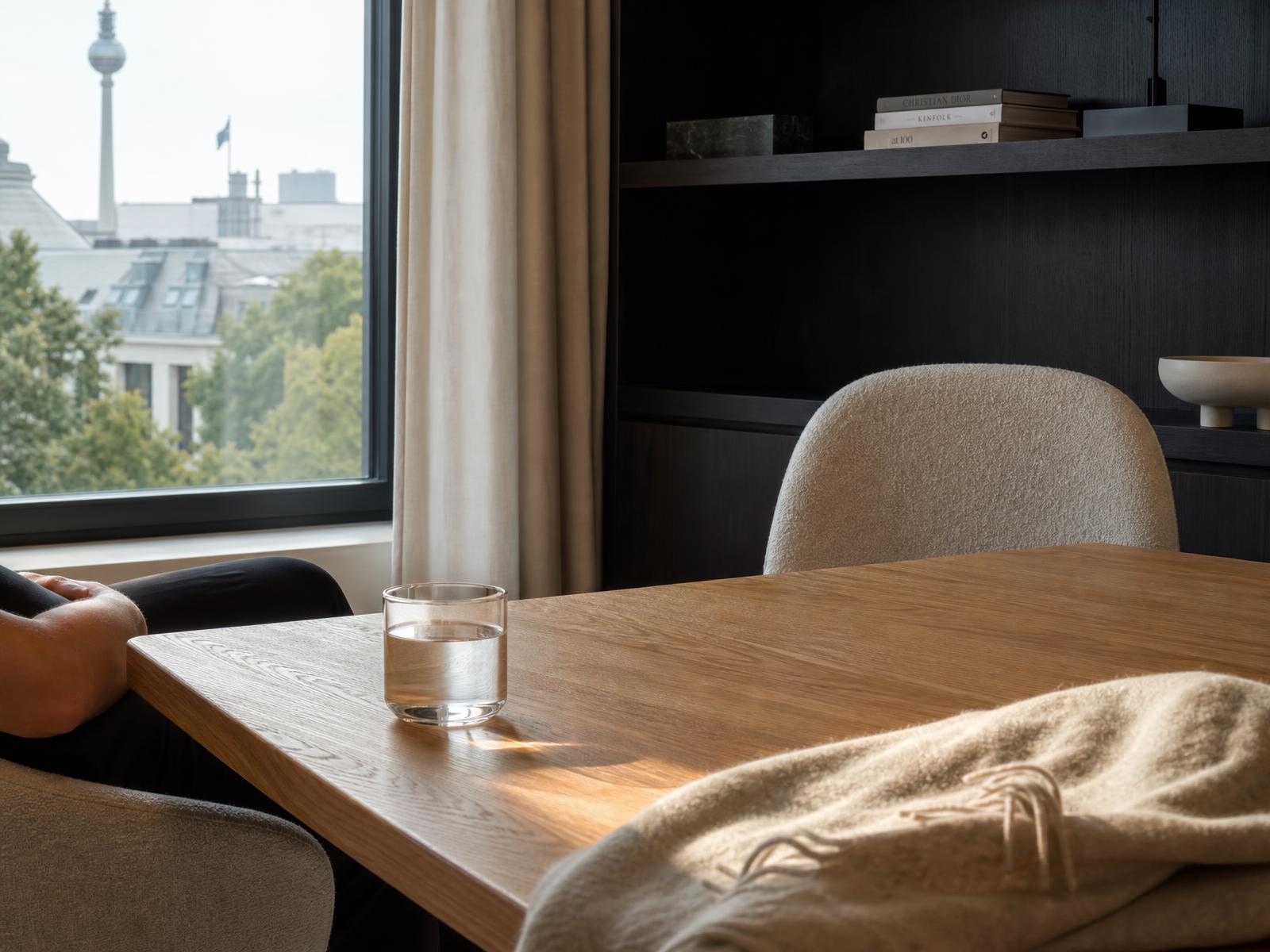 Büro von PELEXIS in Berlin: Holztisch mit Wasserglas und Blick auf den Fernsehturm